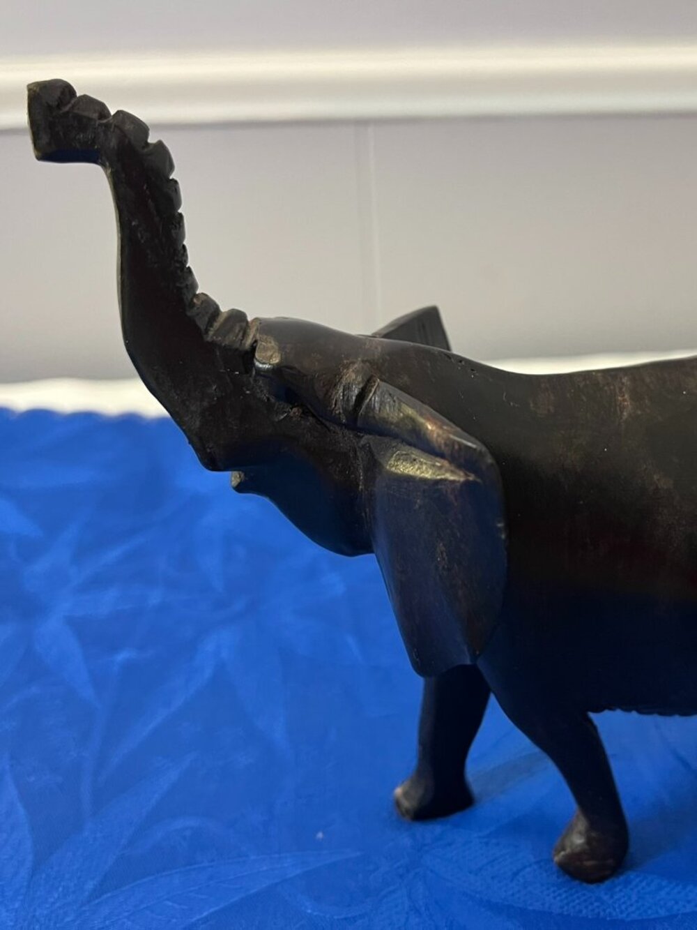 Vintage Hand Carved Wood Elephant Figurine Trunk Up Decor Missing Tusks